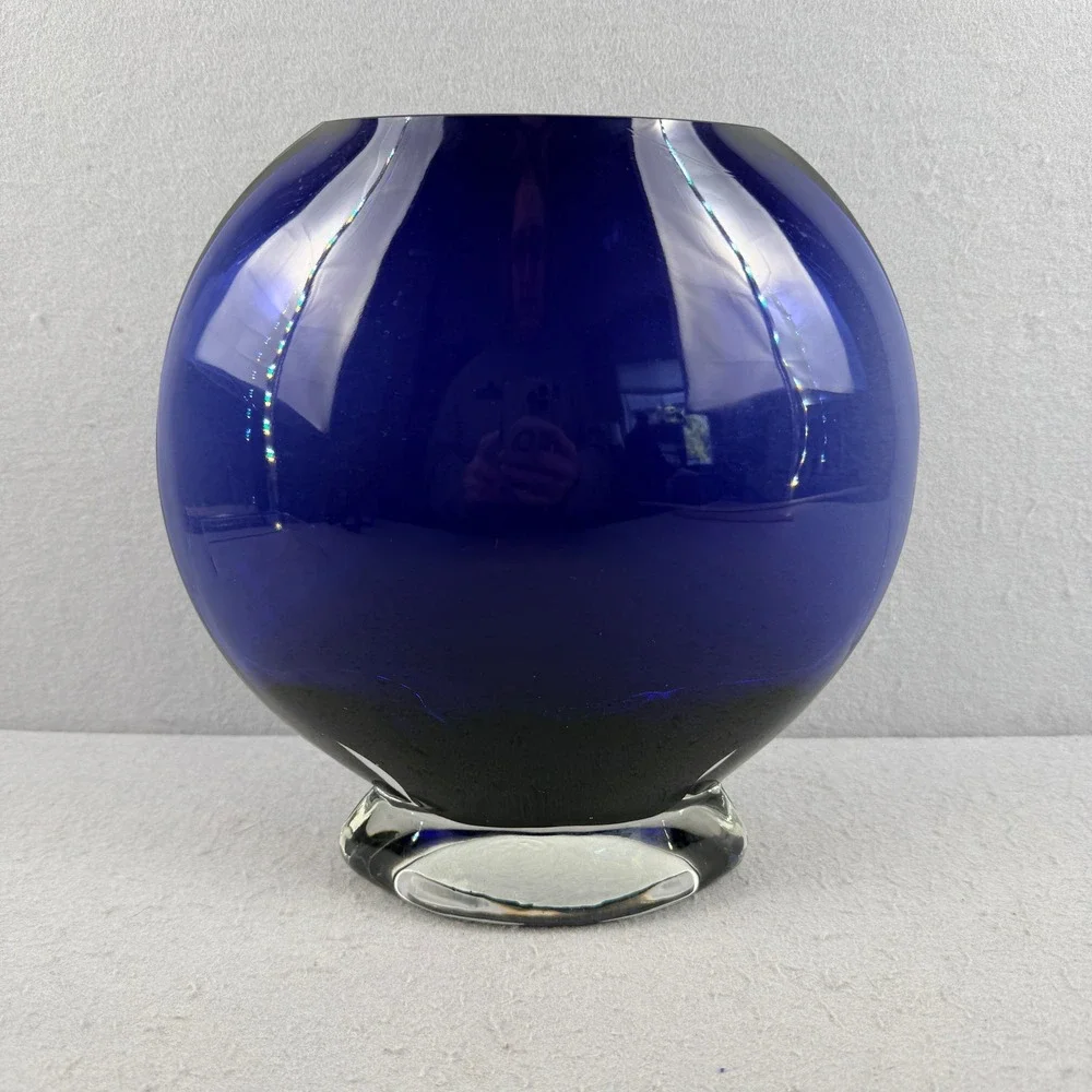 Lg Vtg Cobalt Blue Art Glass Oblique Vase 10